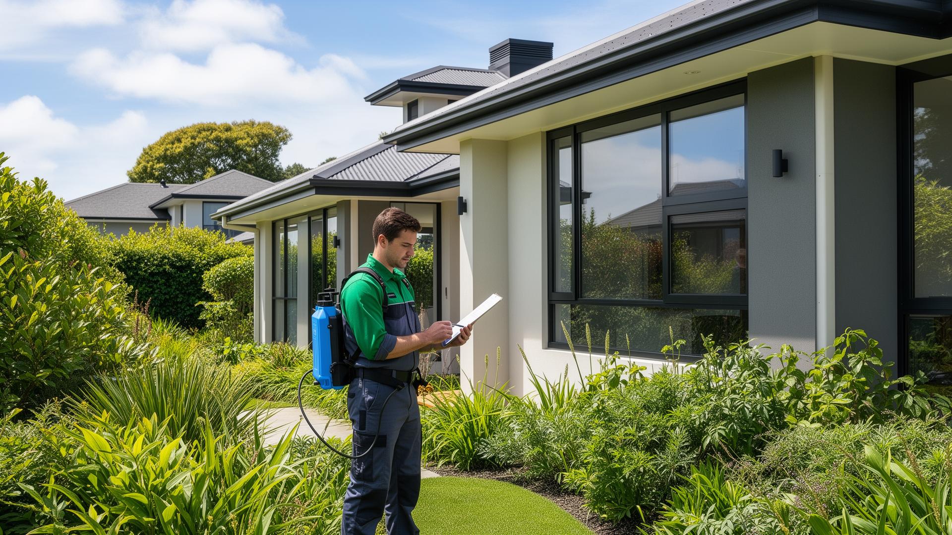 Professional pest control technician inspecting a New Zealand home